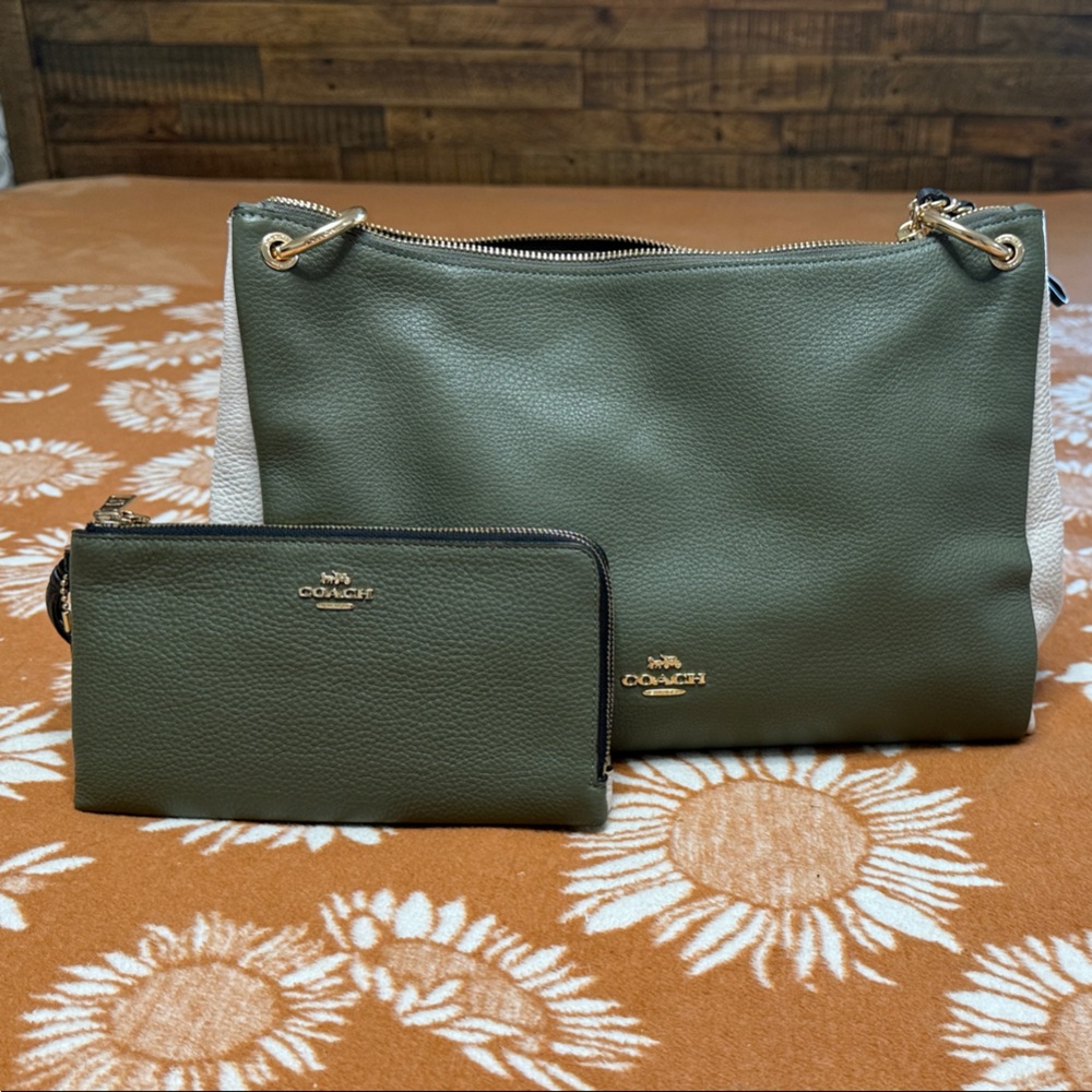 Coach Dark Olive, White, & Black Pebbled Leather Shoulder Bag with Wallet